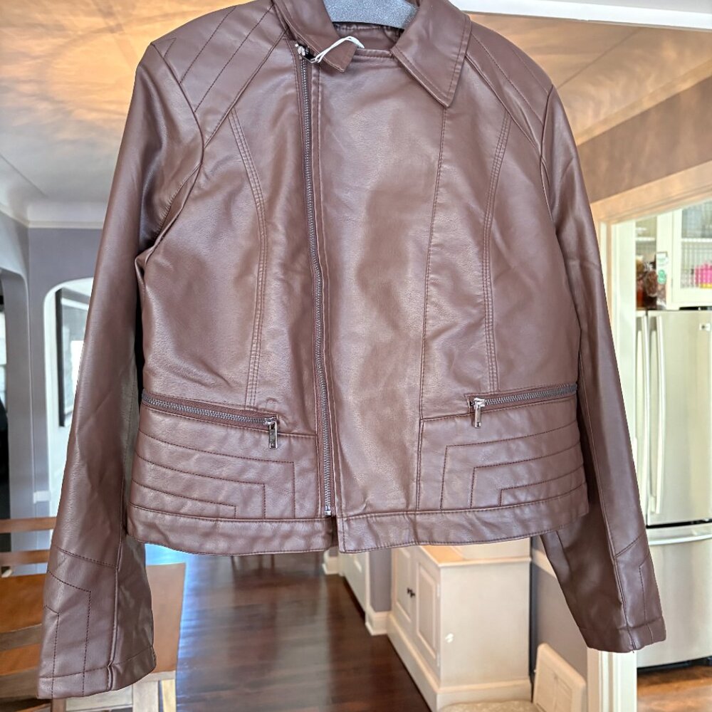 NWT (Other) Rene Lion Chocolate Brown Faux Leather Moto Jacket. Size 2X